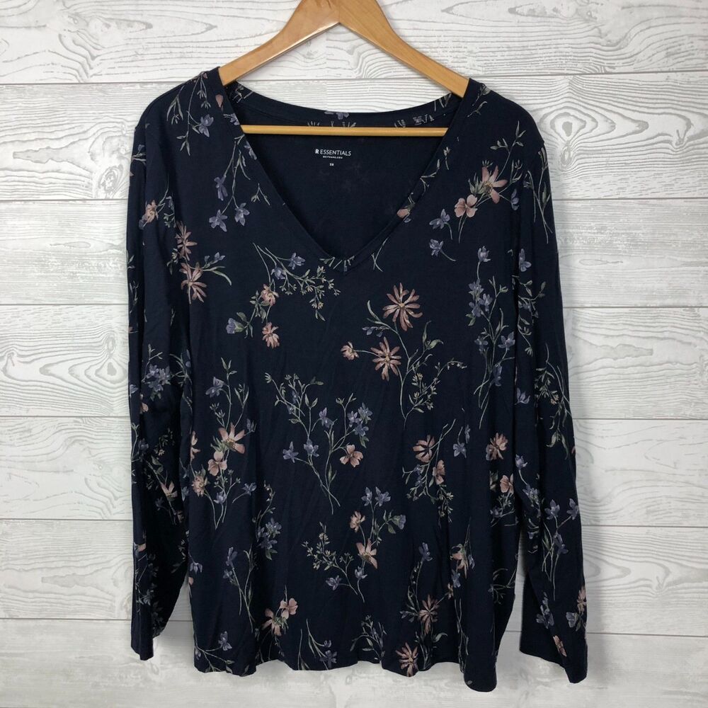 R Essentials Women's 3X Floral Print Long Sleeve V Neck Tee Shirt Casual Blue